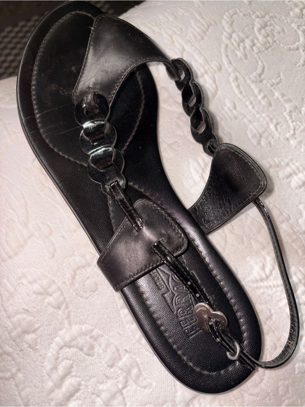 Salvatore Ferragamo Black Leather T-Strap Chain Sandals